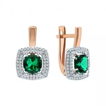 Золотые серьги с фианитами и наноситаллом изумруд