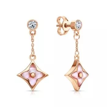 Золотые серьги с фианитами и перламутром природным