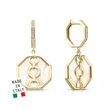 Золотые серьги с фианитами и перламутром природным