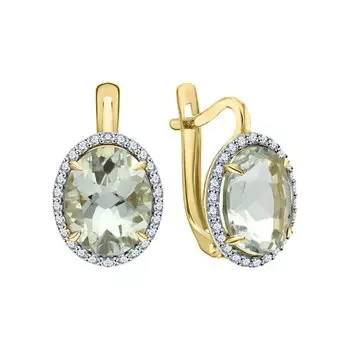 Золотые серьги с фианитами и празиолитами природными