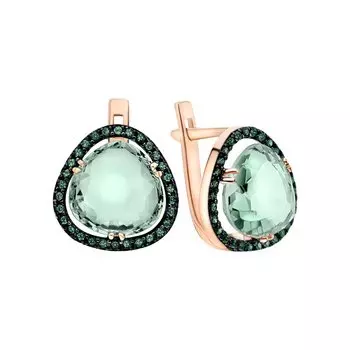 Золотые серьги с фианитами и празиолитами природными