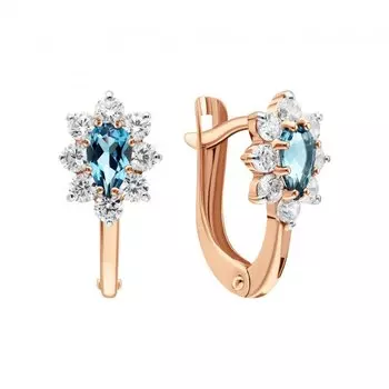 Золотые серьги с фианитами и топазами природными