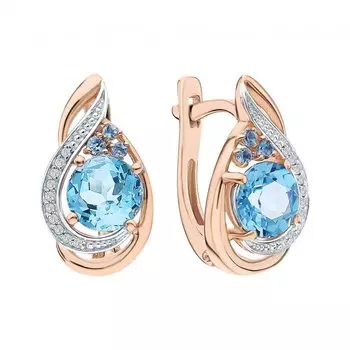 Золотые серьги с фианитами и топазами природными