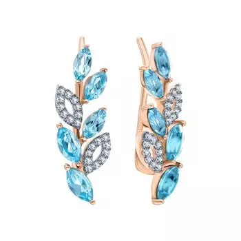 Золотые серьги с фианитами и топазами природными