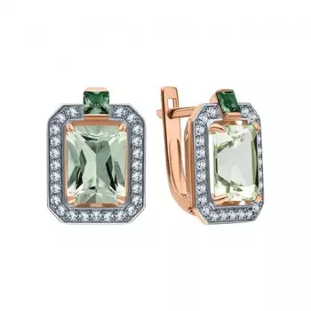 Золотые серьги с фианитами, празиолитами природными и шпинелью