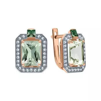 Золотые серьги с фианитами, со шпинелью и празиолитами