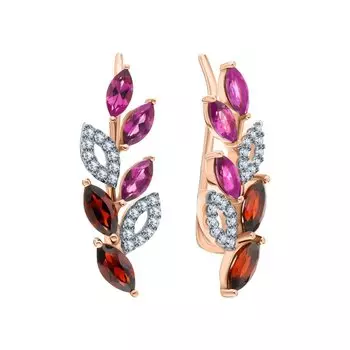 Золотые серьги с гранатами природными, фианитами и родолитами природными