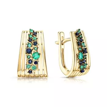 Золотые серьги с изумрудами природными и сапфирами природными