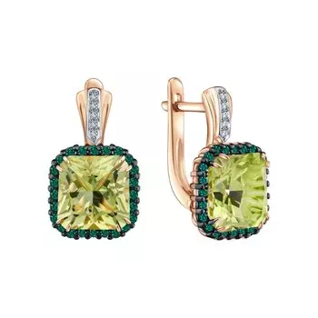 Золотые серьги с изумрудами природными, лимонным кварцем природным и бриллиантами природными