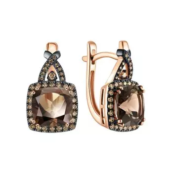 Золотые серьги с кварцами дымчатыми и бриллиантами