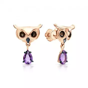 Золотые серьги с кварцами природными и аметистами природными