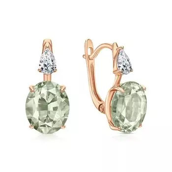 Золотые серьги с празиолит природными и кварцами природными