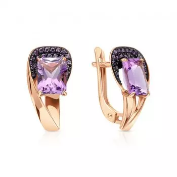 Золотые серьги с природными аметистами и фианитами