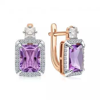 Золотые серьги с природными аметистами и фианитами