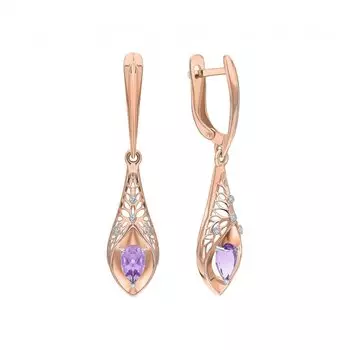 Золотые серьги с природными аметистами и фианитами