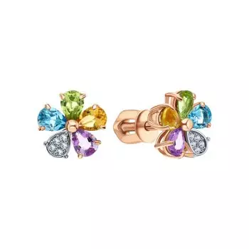 Золотые серьги с природными цитринами, топазами, аметистами, хризолитами и бриллиантами