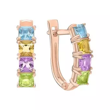 Золотые серьги с природными цитринами, топазами, аметистами и хризолитами