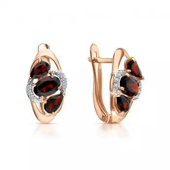 Золотые серьги с природными гранатами и фианитами