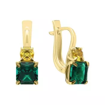 Золотые серьги с сапфирами природными и изумрудами выращенными