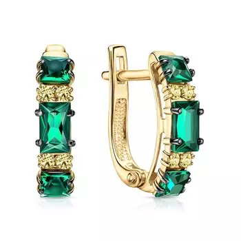 Золотые серьги с сапфирами природными и изумрудами выращенными