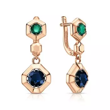 Золотые серьги с сапфирами выращенными и изумрудами гидротермальными