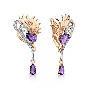 Золотые серьги с топазами природными и аметистами природными