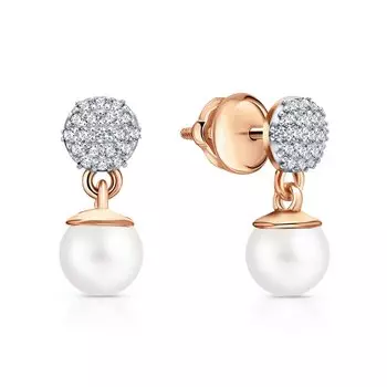 Золотые серьги с жемчугом и фианитами