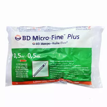 BD Микро-Файн Плюс Шприцы инсулиновые 0,33 мм х 12,7 мм 3-х компонентные 0,5 мл 10 шт