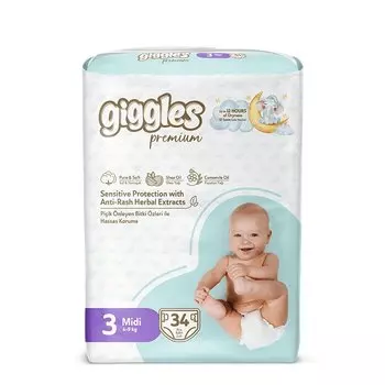 Giggles Premium Midi Подгузники детские 4-9 кг 34 шт