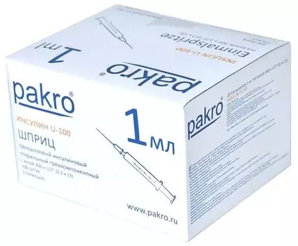 Шприц одноразовый трехкомпонентный U-100 с иглой 29G 1 мл 100 шт