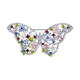 Брошь из серебра с эмалью и фианитами с родированием 94040166