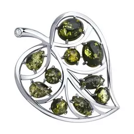 Брошь из серебра с янтарем и фианитами 94-340-00469-1