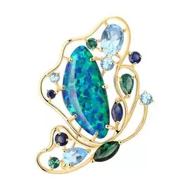 Брошь из красного золота с корундом синт сапфиром 740269