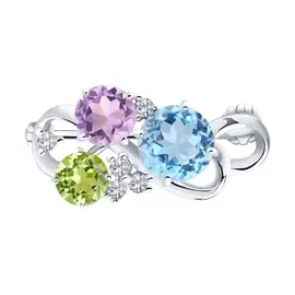 Брошь из серебра с аметистом, топазом, хризолитом и фианитами с родированием 92040025