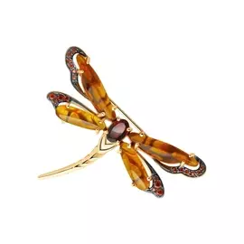 Брошь из красного золота с гранатом, янтарем и фианитами 740308
