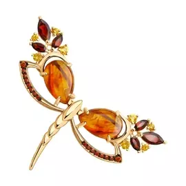 Брошь из красного золота с янтарем, гранатами, цитринами и фианитами 740313