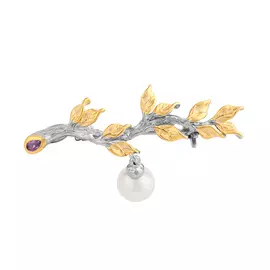 Брошь из серебра с жемчугом (синт.) и аметистом с чернением и позолотой И3-1133-21-61