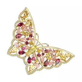Брошь из желтого золота с родолитами, цитринами и фианитами 740315