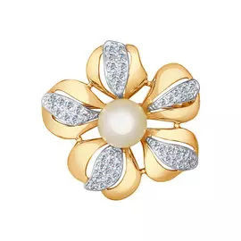Брошь из красного золота с жемчугом и фианитами 794013