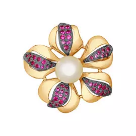 Брошь из красного золота с жемчугом и фианитами 794014