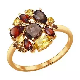 Кольцо Гранат, раух-топаз, цитрин
