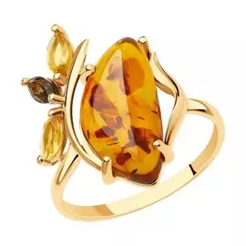 Кольцо из красного золота с эмалью с янтарем, цитрином и раухтопазом 715847