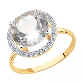 Кольцо из красного золота с горным хрусталем и фианитами 715819