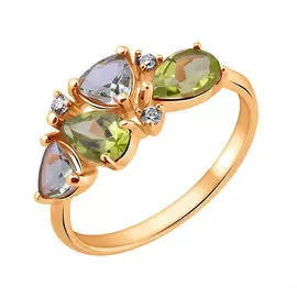 Кольцо из красного золота с хризолитами, празиолитами и фианитами 11-0911-11-65