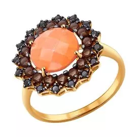 Кольцо из красного золота с кораллом и раухтопазами 714260