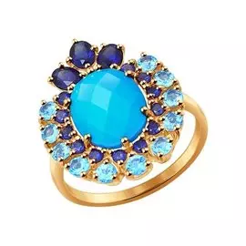 Кольцо из красного золота с корундами, топазами и бирюзой 714305