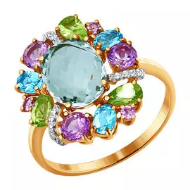 Кольцо из красного золота с кварцем, аметистами, хризолитами, топазами и фианитами 713738