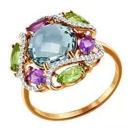 Кольцо из красного золота с празеолитом, аметистами, хризолитами и фианитами 713746