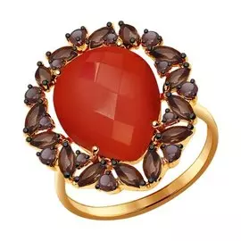 Кольцо из красного золота с сердоликом и раухтопазами 714383