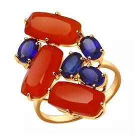 Кольцо из красного золота с сердоликом и сапфиром 714425